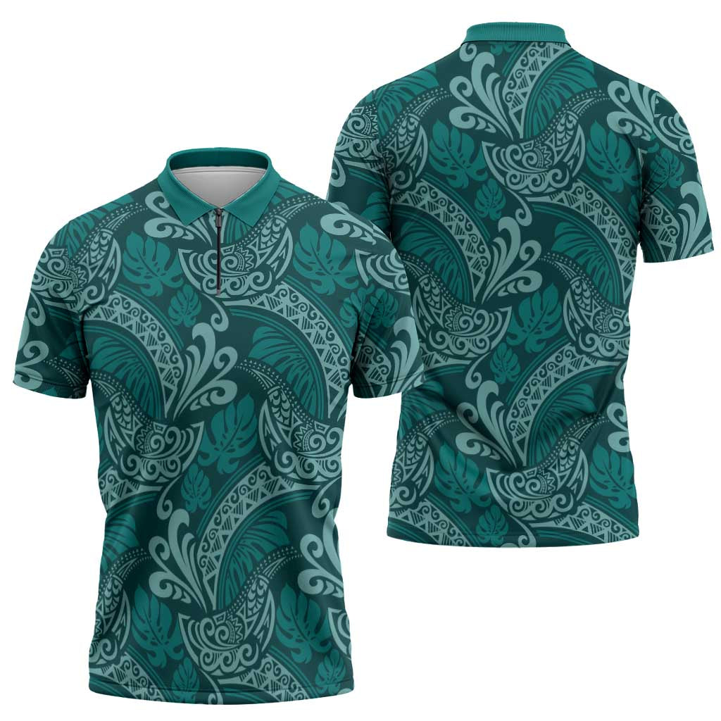 Teal Monstera Zipper Polo Shirt Polynesian Tribal Pattern LT01 - Polynesian Pride