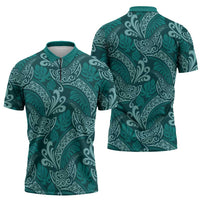 Teal Monstera Zipper Polo Shirt Polynesian Tribal Pattern LT01 - Polynesian Pride