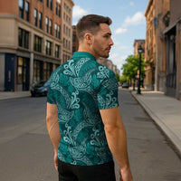 Teal Monstera Zipper Polo Shirt Polynesian Tribal Pattern LT01 - Polynesian Pride