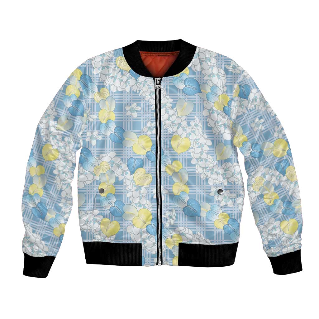 Anthurium Plumeria Lei Pastel Bomber Jacket Blue Hawaiian Splendid Palaka LT01 Unisex Blue - Polynesian Pride