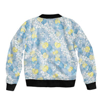 Anthurium Plumeria Lei Pastel Bomber Jacket Blue Hawaiian Splendid Palaka LT01 - Polynesian Pride