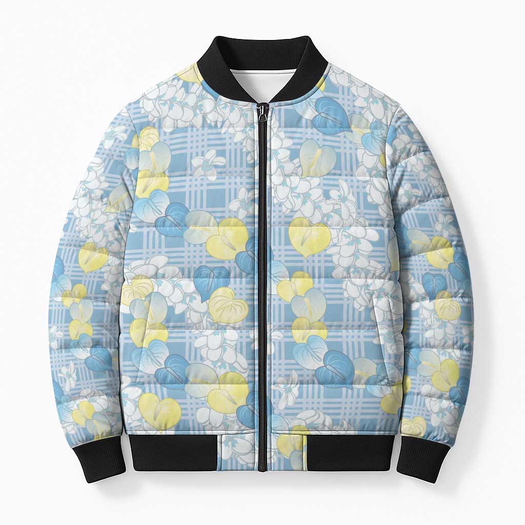 Anthurium Plumeria Lei Pastel Bomber Puffer Jacket Blue Hawaiian Splendid Palaka LT01 Unisex Blue - Polynesian Pride
