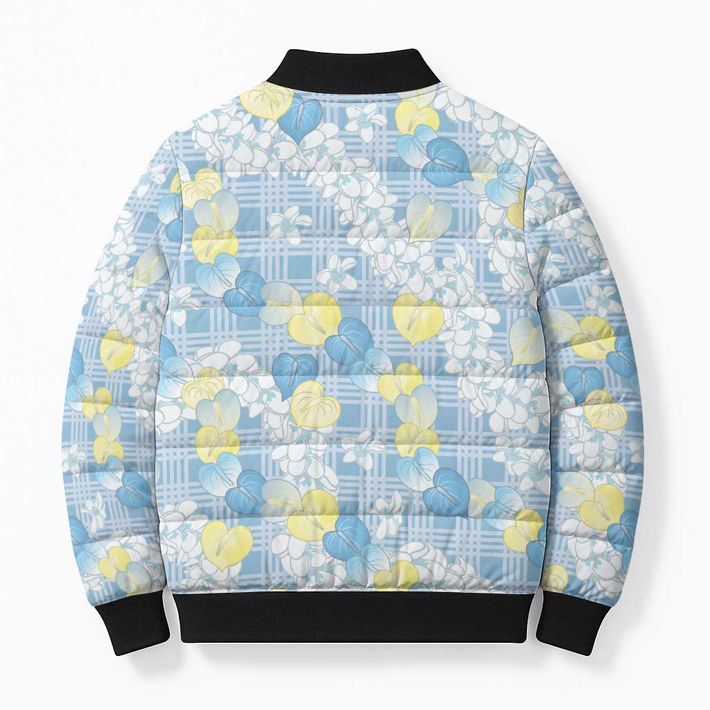 Anthurium Plumeria Lei Pastel Bomber Puffer Jacket Blue Hawaiian Splendid Palaka LT01 - Polynesian Pride