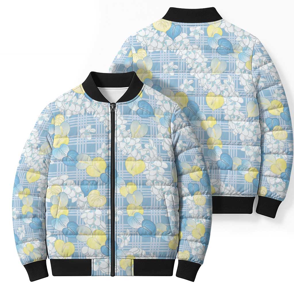 Anthurium Plumeria Lei Pastel Bomber Puffer Jacket Blue Hawaiian Splendid Palaka LT01 - Polynesian Pride