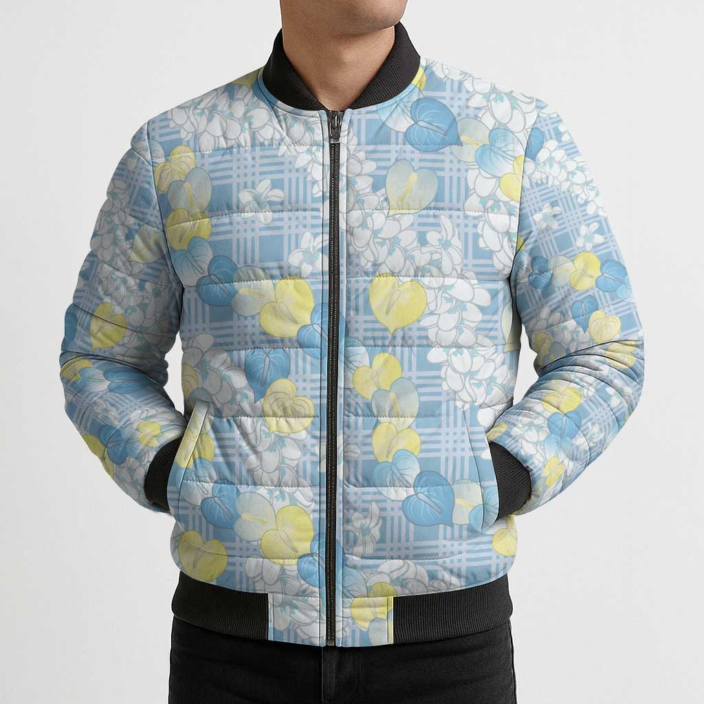 Anthurium Plumeria Lei Pastel Bomber Puffer Jacket Blue Hawaiian Splendid Palaka LT01 - Polynesian Pride