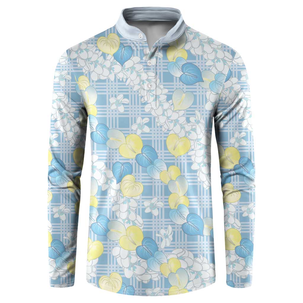 Anthurium Plumeria Lei Pastel Button Sweatshirt Blue Hawaiian Splendid Palaka LT01 Blue - Polynesian Pride