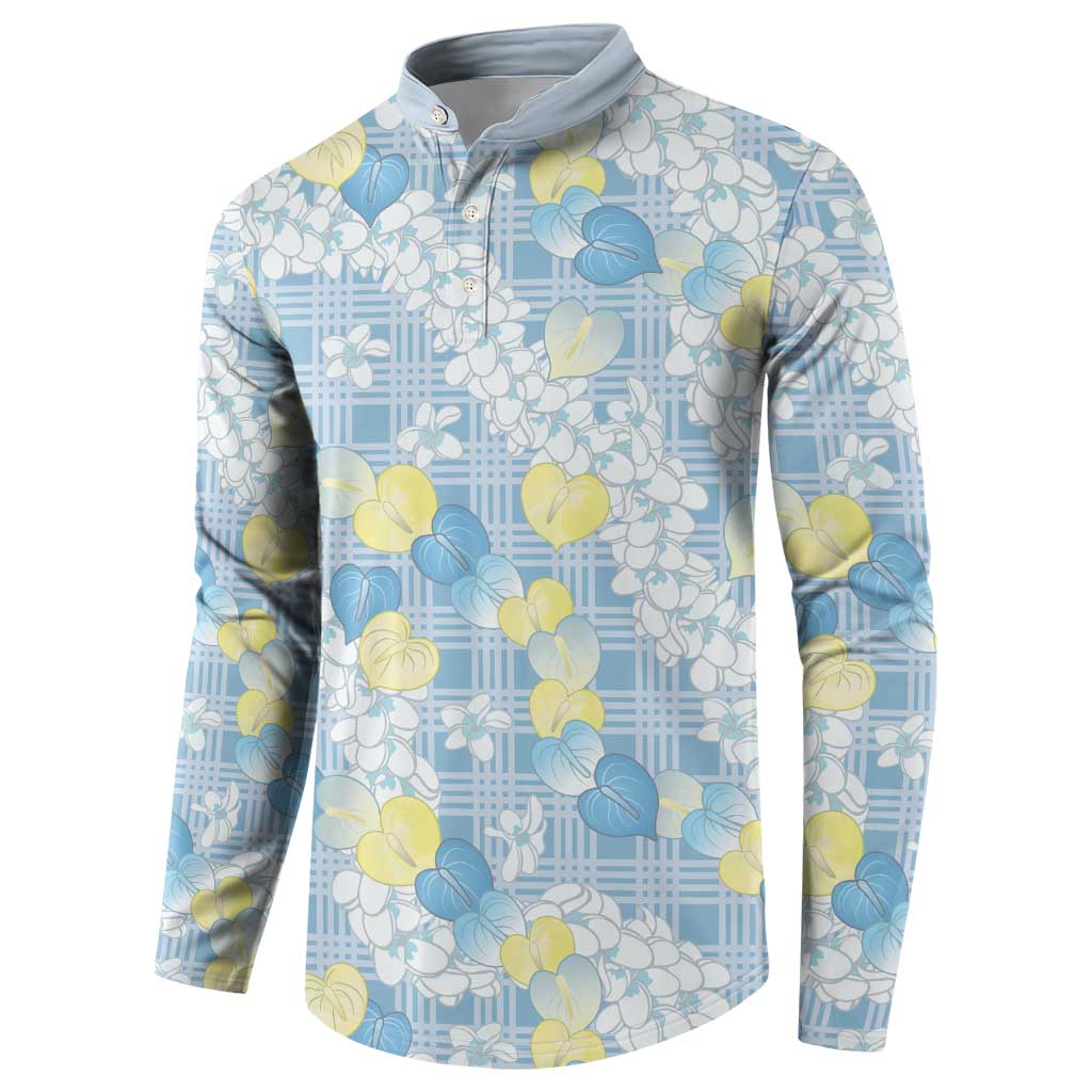 Anthurium Plumeria Lei Pastel Button Sweatshirt Blue Hawaiian Splendid Palaka LT01 - Polynesian Pride