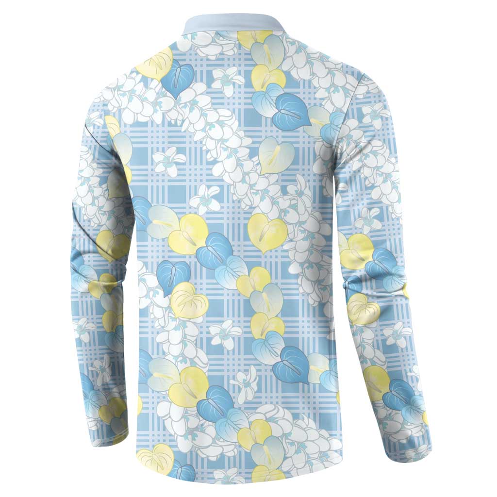 Anthurium Plumeria Lei Pastel Button Sweatshirt Blue Hawaiian Splendid Palaka LT01 - Polynesian Pride
