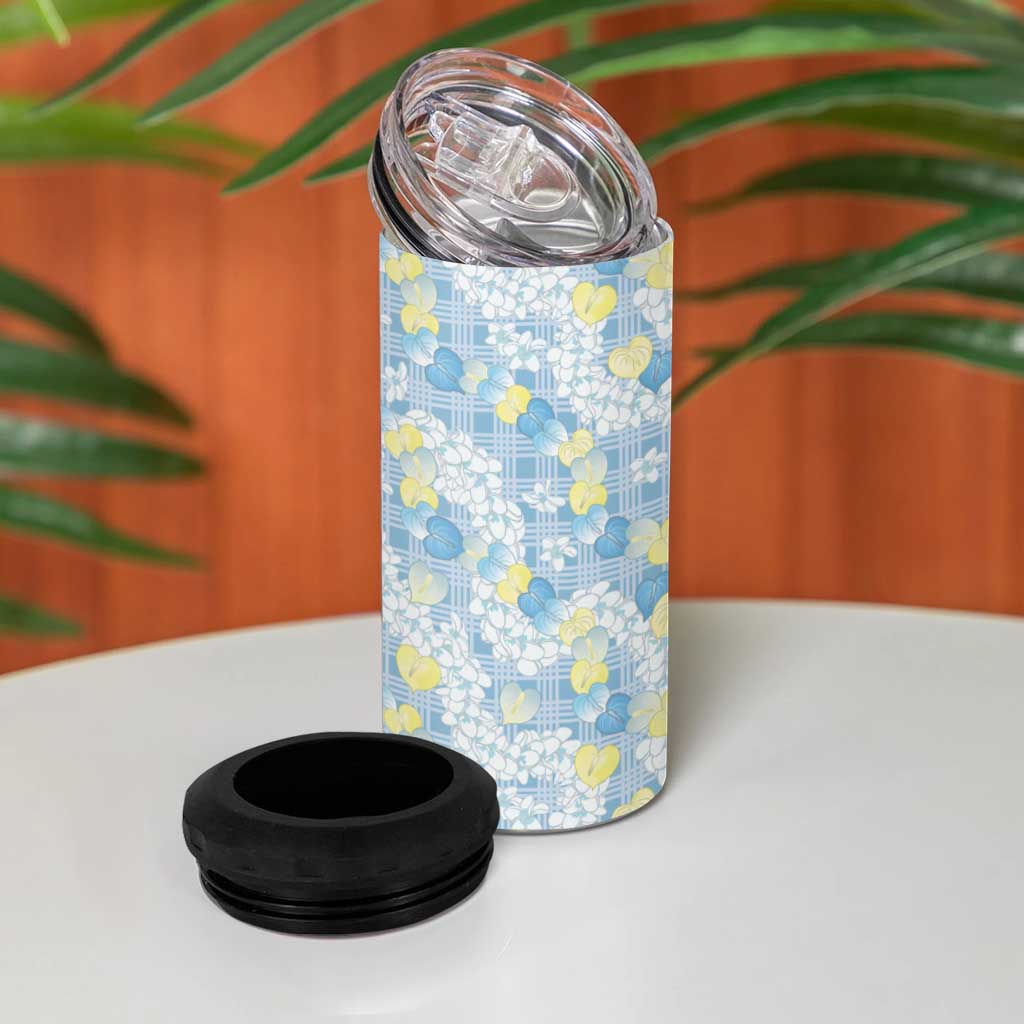 Anthurium Plumeria Lei Pastel 4 in 1 Can Cooler Tumbler Blue Hawaiian Splendid Palaka