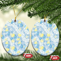 Anthurium Plumeria Lei Pastel Ceramic Ornament Blue Hawaiian Splendid Palaka LT01 Oval Blue - Polynesian Pride