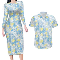 Anthurium Plumeria Lei Pastel Couples Matching Long Sleeve Bodycon Dress and Hawaiian Shirt Blue Hawaiian Splendid Palaka