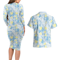 Anthurium Plumeria Lei Pastel Couples Matching Long Sleeve Bodycon Dress and Hawaiian Shirt Blue Hawaiian Splendid Palaka