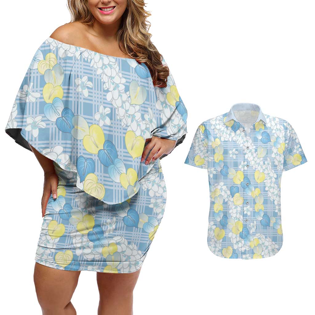 Anthurium Plumeria Lei Pastel Couples Matching Off Shoulder Short Dress and Hawaiian Shirt Blue Hawaiian Splendid Palaka