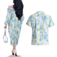 Anthurium Plumeria Lei Pastel Couples Matching Off The Shoulder Long Sleeve Dress and Hawaiian Shirt Blue Hawaiian Splendid Palaka