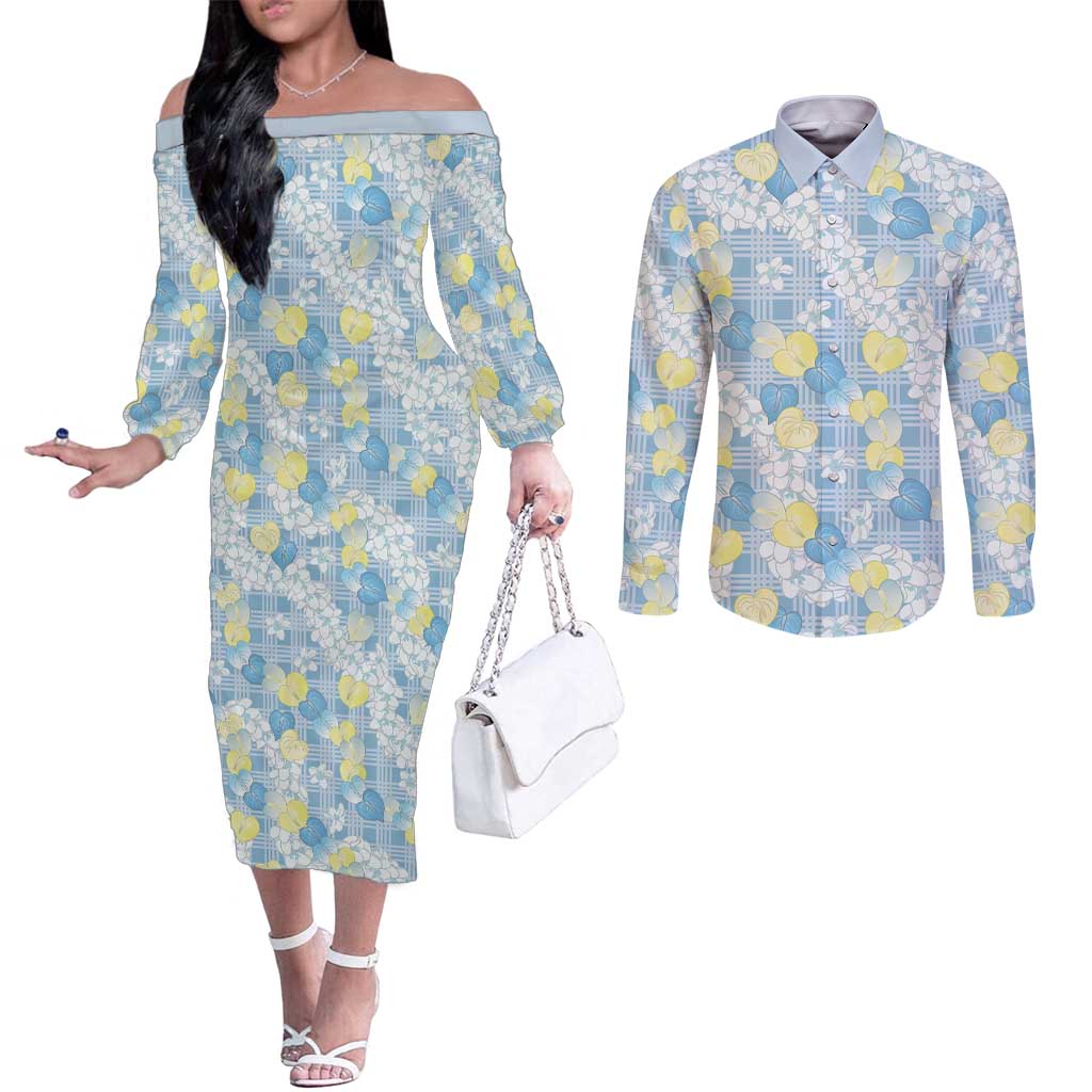 Anthurium Plumeria Lei Pastel Couples Matching Off The Shoulder Long Sleeve Dress and Long Sleeve Button Shirt Blue Hawaiian Splendid Palaka