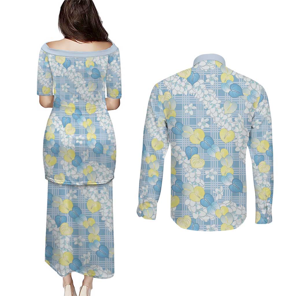 Anthurium Plumeria Lei Pastel Couples Matching Puletasi and Long Sleeve Button Shirt Blue Hawaiian Splendid Palaka LT01 - Polynesian Pride