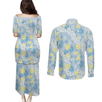 Anthurium Plumeria Lei Pastel Couples Matching Puletasi and Long Sleeve Button Shirt Blue Hawaiian Splendid Palaka LT01 - Polynesian Pride