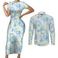 Anthurium Plumeria Lei Pastel Couples Matching Short Sleeve Bodycon Dress and Long Sleeve Button Shirt Blue Hawaiian Splendid Palaka