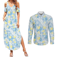 Anthurium Plumeria Lei Pastel Couples Matching Summer Maxi Dress and Long Sleeve Button Shirt Blue Hawaiian Splendid Palaka LT01 Blue - Polynesian Pride