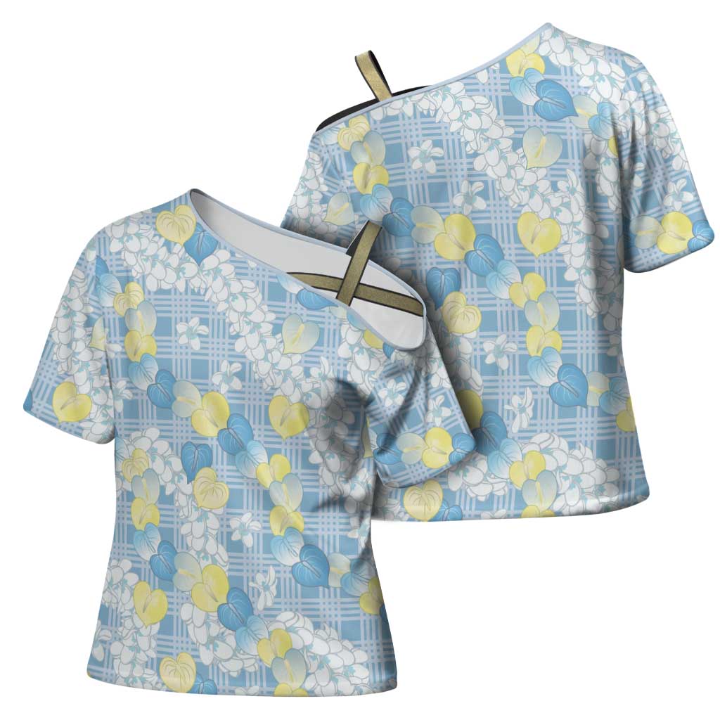 Anthurium Plumeria Lei Pastel Cross Shoulder Shirt Blue Hawaiian Splendid Palaka LT01 - Polynesian Pride