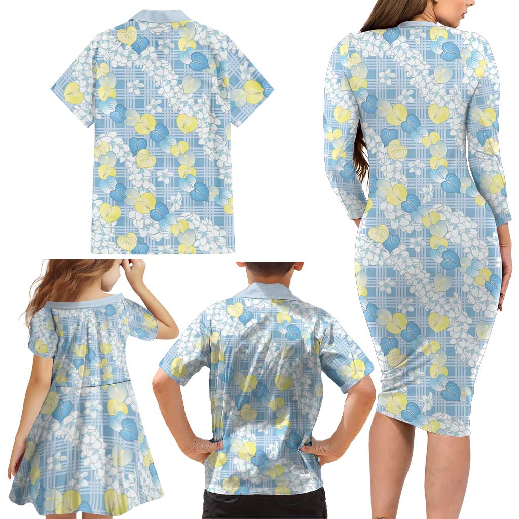 Anthurium Plumeria Lei Pastel Family Matching Long Sleeve Bodycon Dress and Hawaiian Shirt Blue Hawaiian Splendid Palaka