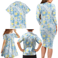 Anthurium Plumeria Lei Pastel Family Matching Long Sleeve Bodycon Dress and Hawaiian Shirt Blue Hawaiian Splendid Palaka