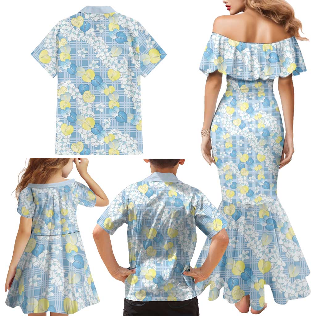 Anthurium Plumeria Lei Pastel Family Matching Mermaid Dress and Hawaiian Shirt Blue Hawaiian Splendid Palaka