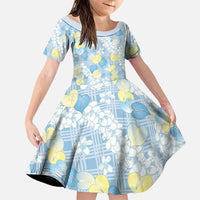 Anthurium Plumeria Lei Pastel Family Matching Off The Shoulder Long Sleeve Dress and Hawaiian Shirt Blue Hawaiian Splendid Palaka