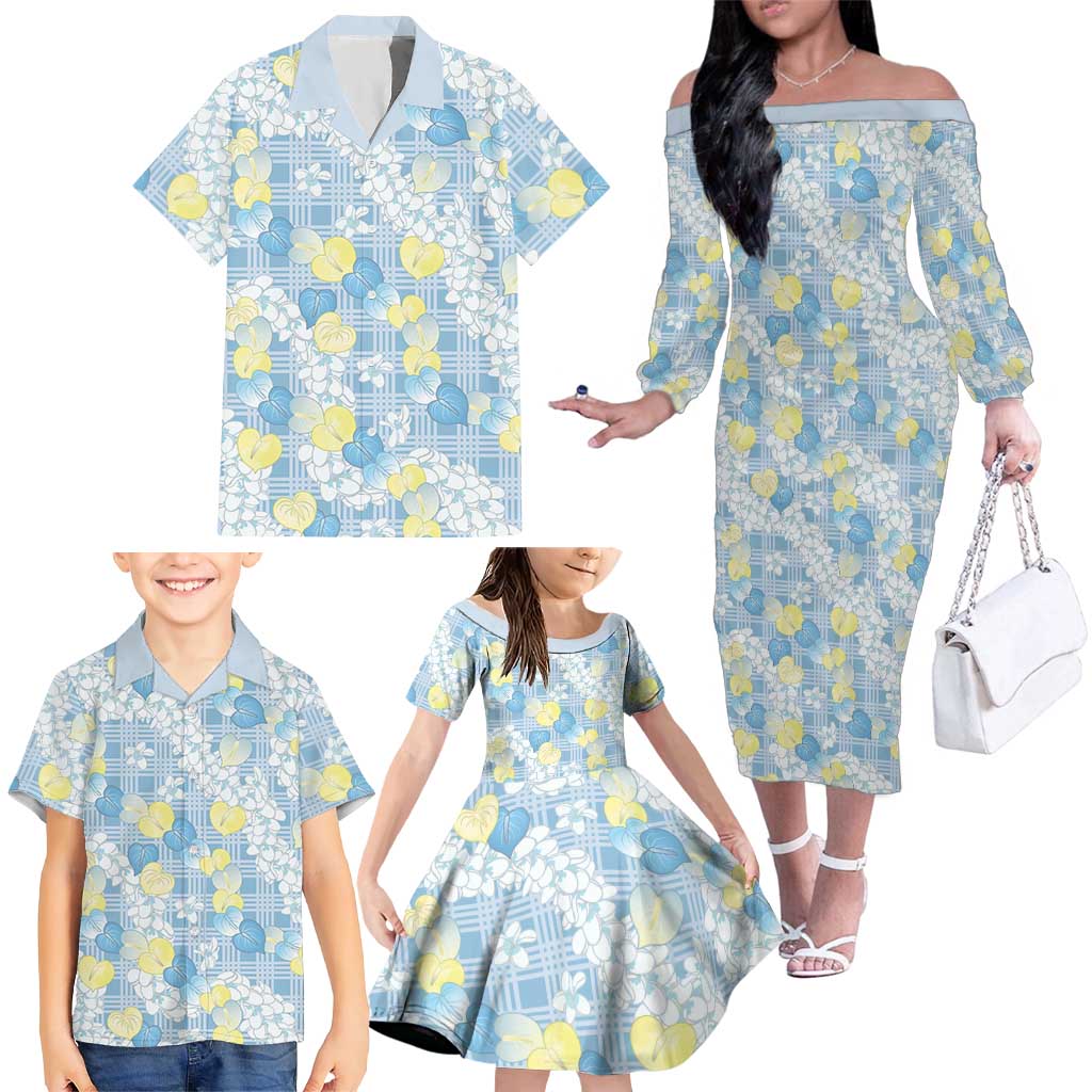 Anthurium Plumeria Lei Pastel Family Matching Off The Shoulder Long Sleeve Dress and Hawaiian Shirt Blue Hawaiian Splendid Palaka