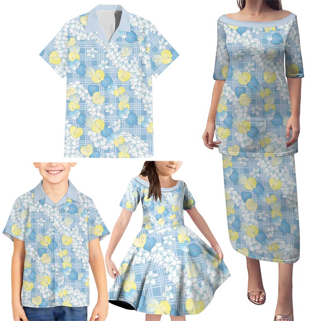 Anthurium Plumeria Lei Pastel Family Matching Puletasi and Hawaiian Shirt Blue Hawaiian Splendid Palaka