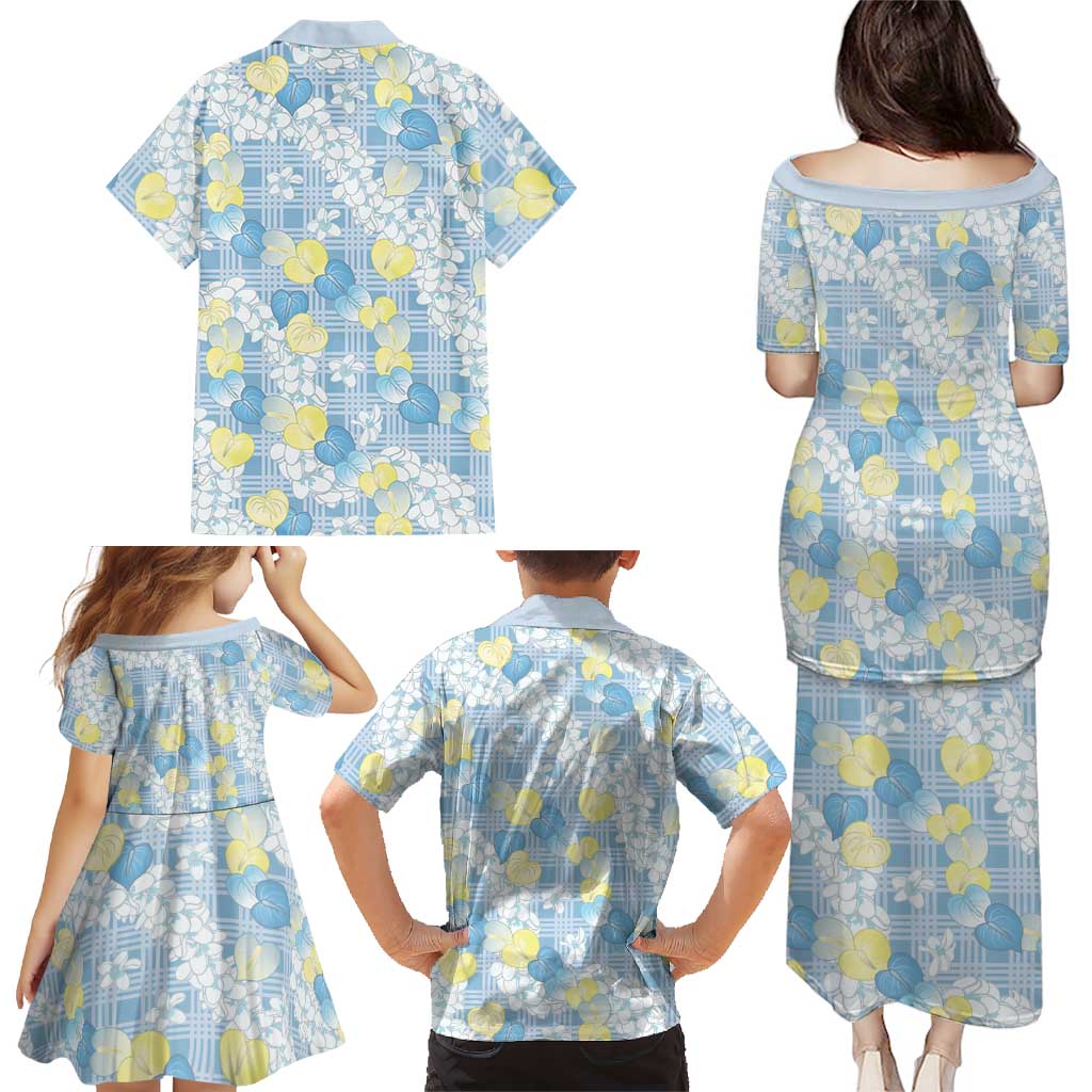 Anthurium Plumeria Lei Pastel Family Matching Puletasi and Hawaiian Shirt Blue Hawaiian Splendid Palaka