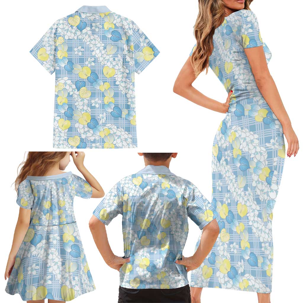 Anthurium Plumeria Lei Pastel Family Matching Short Sleeve Bodycon Dress and Hawaiian Shirt Blue Hawaiian Splendid Palaka