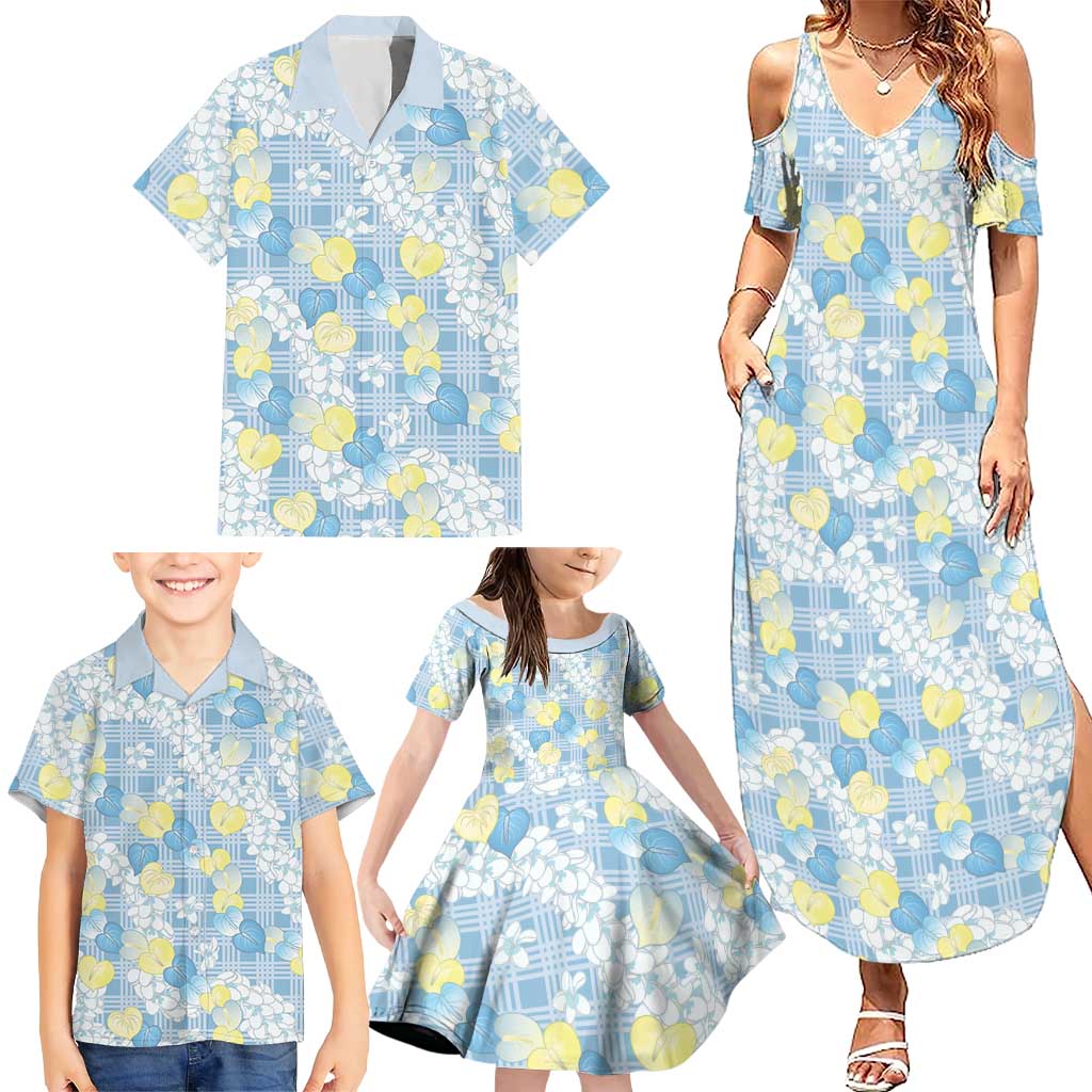 Anthurium Plumeria Lei Pastel Family Matching Summer Maxi Dress and Hawaiian Shirt Blue Hawaiian Splendid Palaka