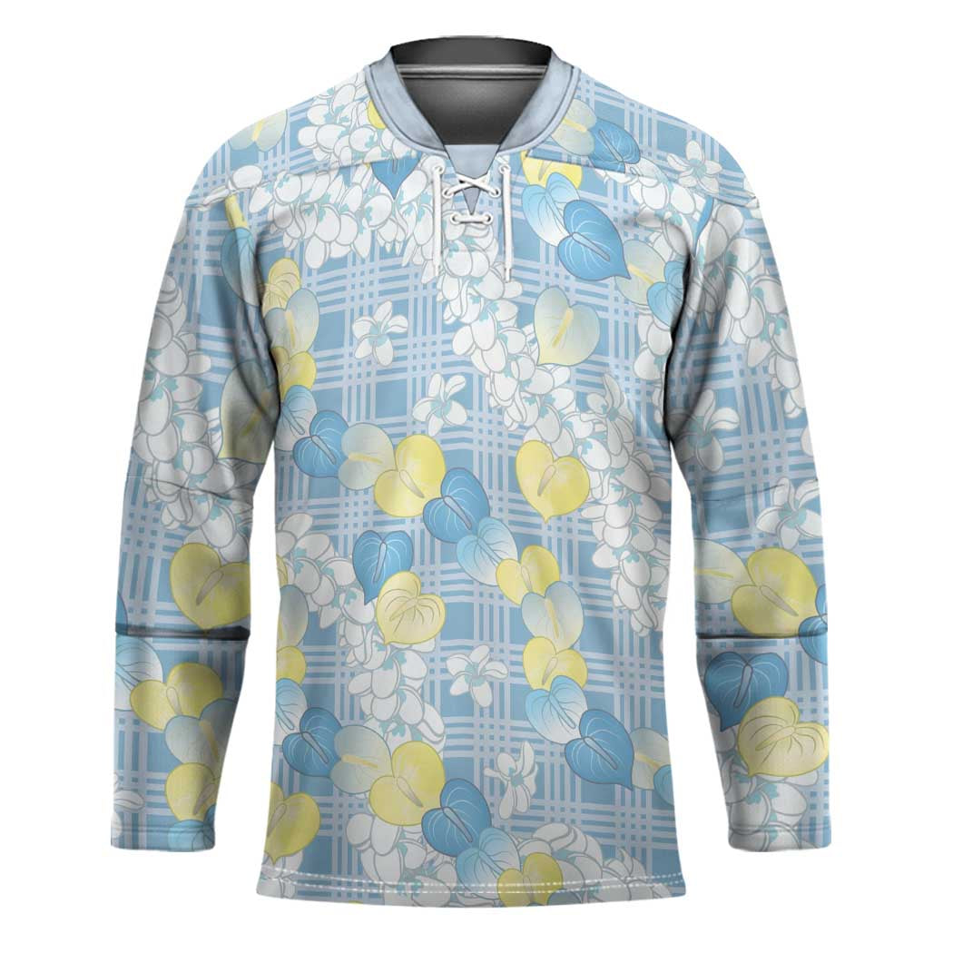 Anthurium Plumeria Lei Pastel Hockey Jersey Blue Hawaiian Splendid Palaka LT01 Unisex Blue - Polynesian Pride