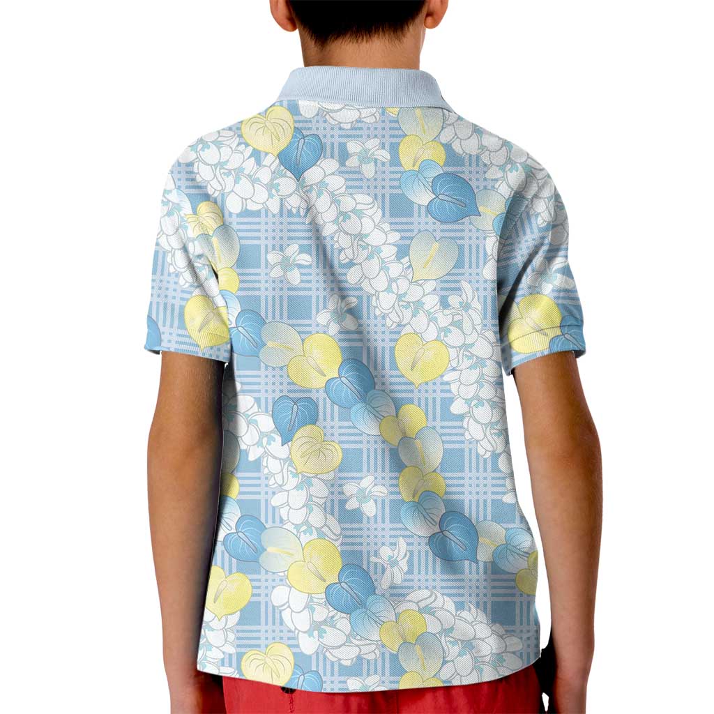 Anthurium Plumeria Lei Pastel Kid Polo Shirt Blue Hawaiian Splendid Palaka LT01 - Polynesian Pride