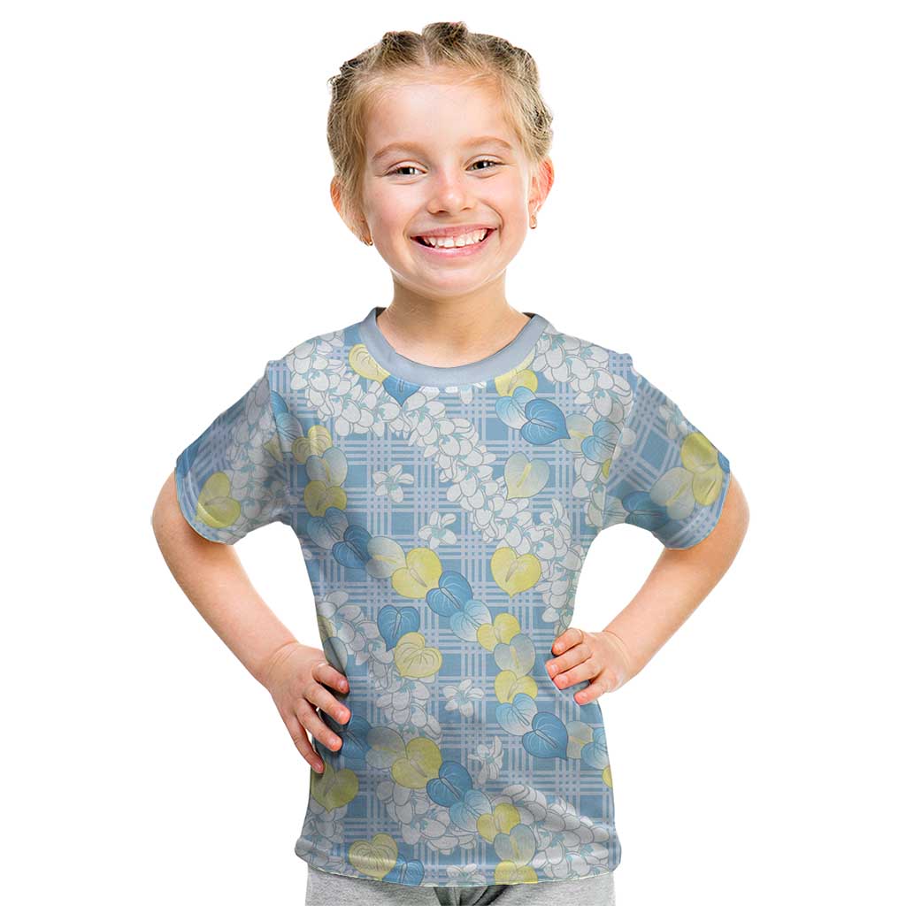 Anthurium Plumeria Lei Pastel Kid T Shirt Blue Hawaiian Splendid Palaka LT01 Blue - Polynesian Pride