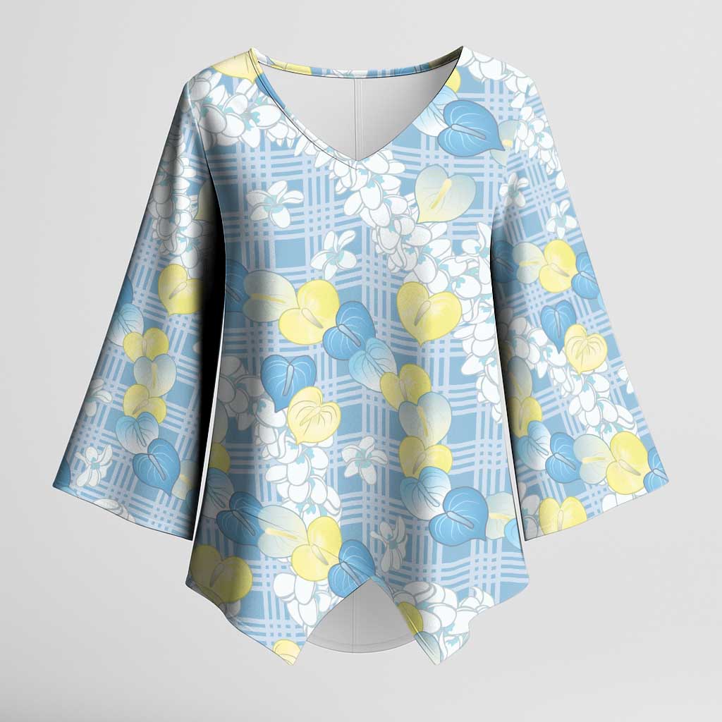 Anthurium Plumeria Lei Pastel Kimono Sleeve Blouse Blue Hawaiian Splendid Palaka LT01 Female Blue - Polynesian Pride