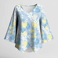 Anthurium Plumeria Lei Pastel Kimono Sleeve Blouse Blue Hawaiian Splendid Palaka LT01 Female Blue - Polynesian Pride