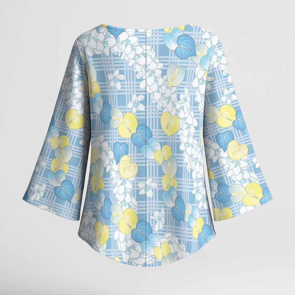 Anthurium Plumeria Lei Pastel Kimono Sleeve Blouse Blue Hawaiian Splendid Palaka LT01 - Polynesian Pride