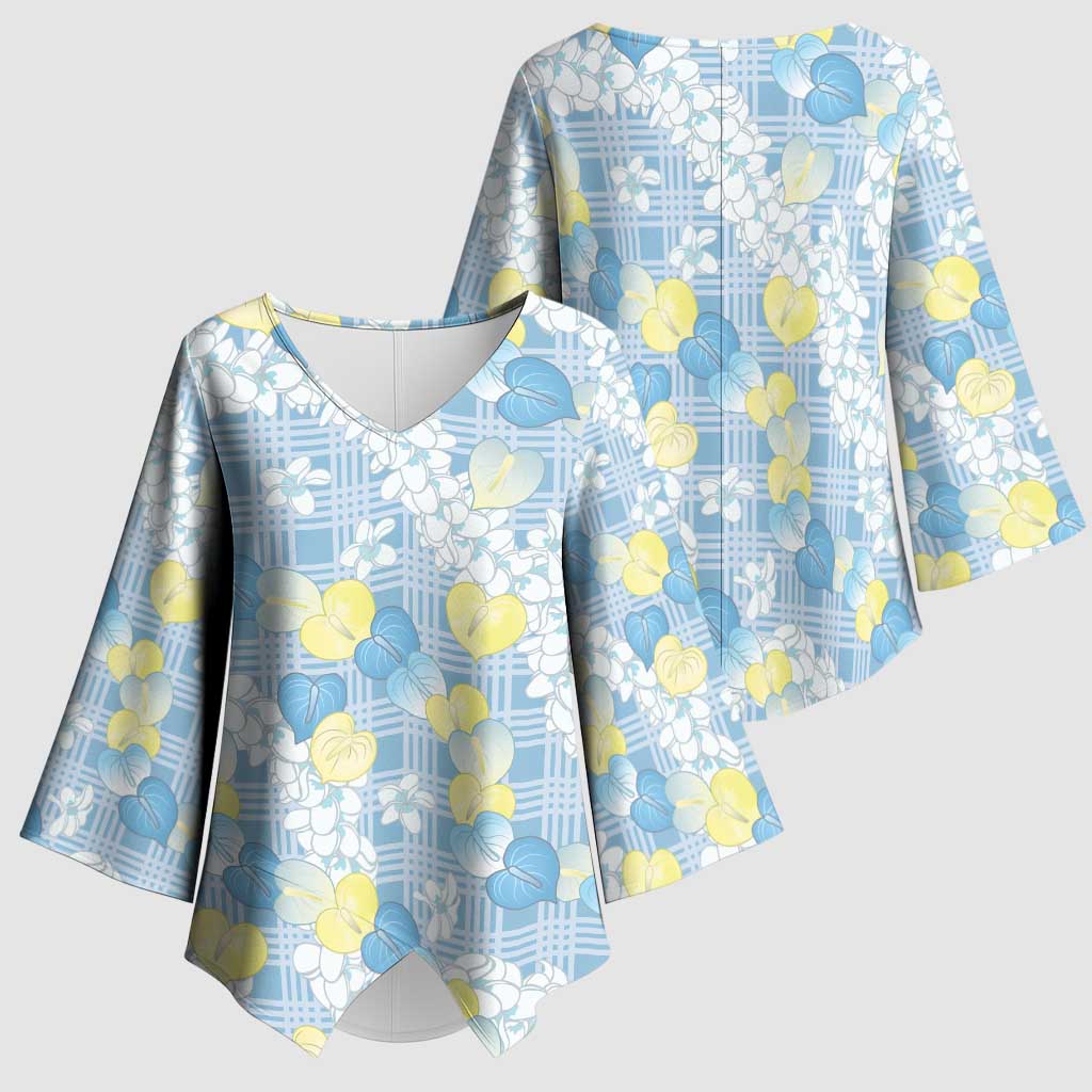 Anthurium Plumeria Lei Pastel Kimono Sleeve Blouse Blue Hawaiian Splendid Palaka LT01 - Polynesian Pride