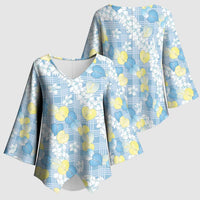 Anthurium Plumeria Lei Pastel Kimono Sleeve Blouse Blue Hawaiian Splendid Palaka LT01 - Polynesian Pride