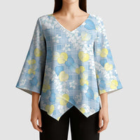 Anthurium Plumeria Lei Pastel Kimono Sleeve Blouse Blue Hawaiian Splendid Palaka LT01 - Polynesian Pride
