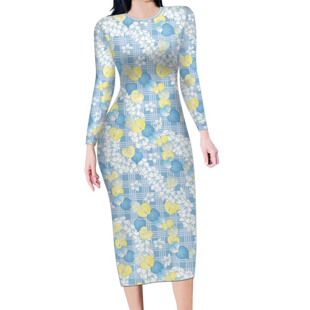 Anthurium Plumeria Lei Pastel Long Sleeve Bodycon Dress Blue Hawaiian Splendid Palaka LT01 Long Dress Blue - Polynesian Pride