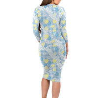 Anthurium Plumeria Lei Pastel Long Sleeve Bodycon Dress Blue Hawaiian Splendid Palaka LT01 - Polynesian Pride