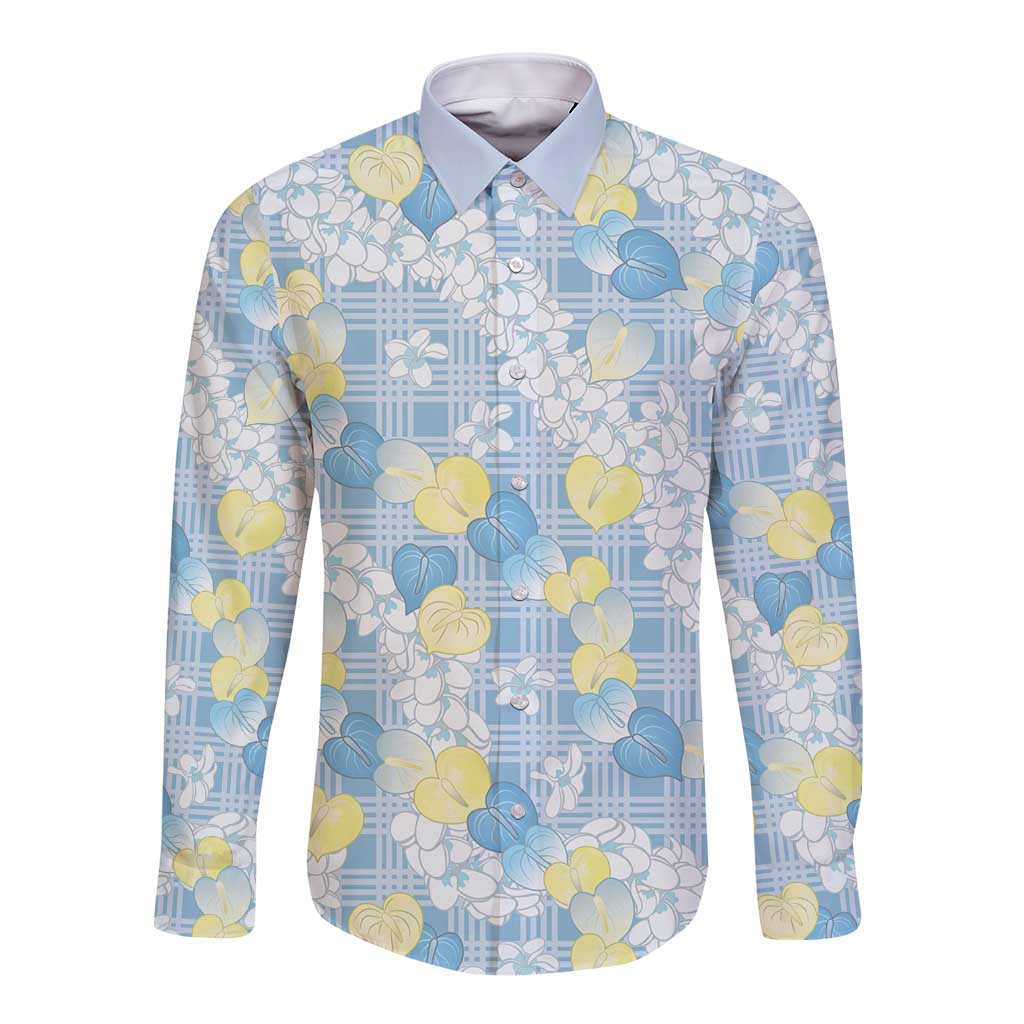 Anthurium Plumeria Lei Pastel Long Sleeve Button Shirt Blue Hawaiian Splendid Palaka
