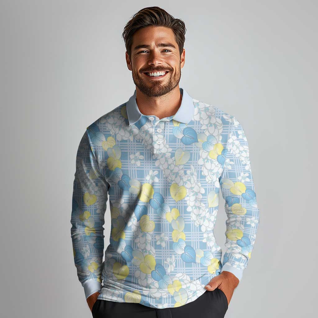 Anthurium Plumeria Lei Pastel Long Sleeve Polo Shirt Blue Hawaiian Splendid Palaka LT01 - Polynesian Pride