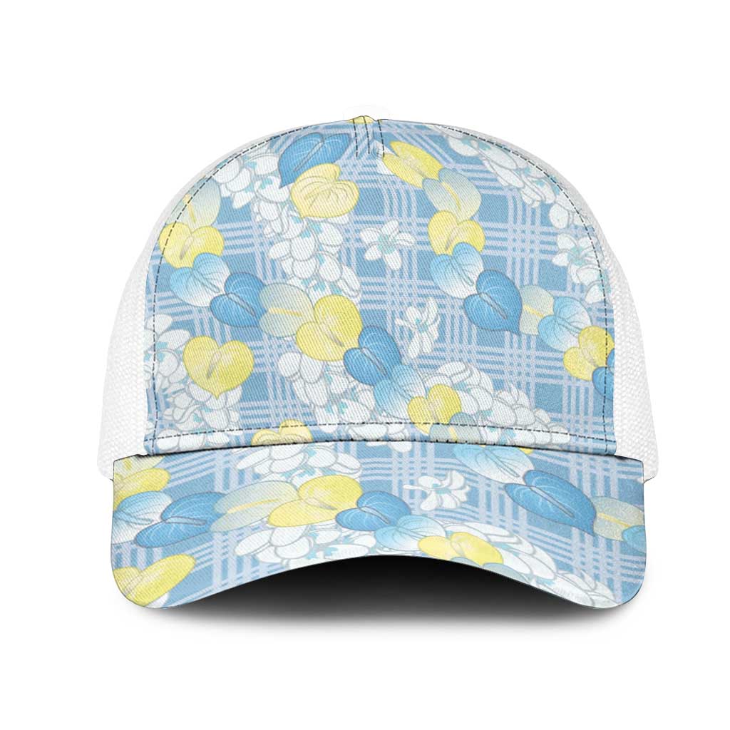 Anthurium Plumeria Lei Pastel Mesh Trucker Cap Blue Hawaiian Splendid Palaka LT01 One Size White Blue - Polynesian Pride