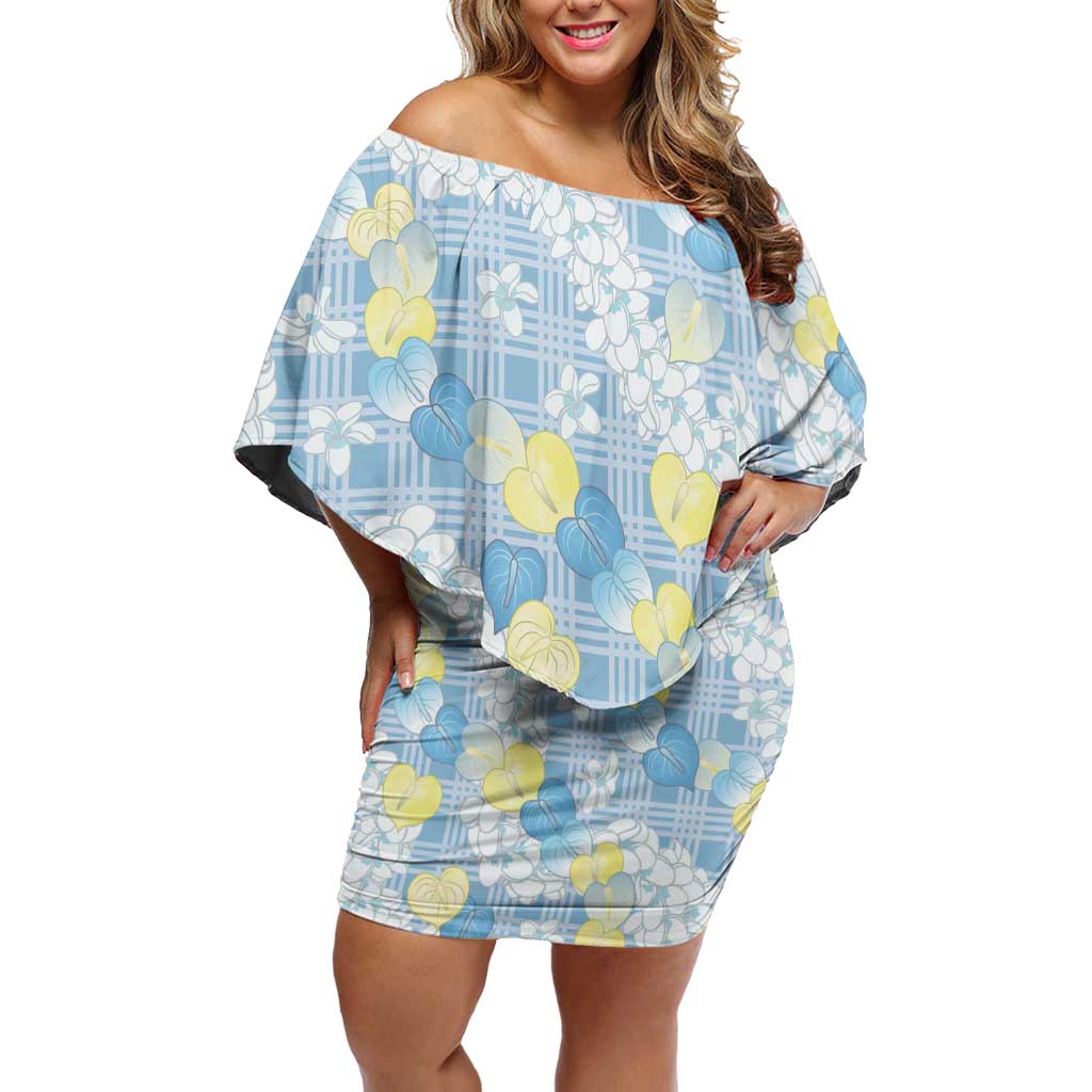 Anthurium Plumeria Lei Pastel Off Shoulder Short Dress Blue Hawaiian Splendid Palaka