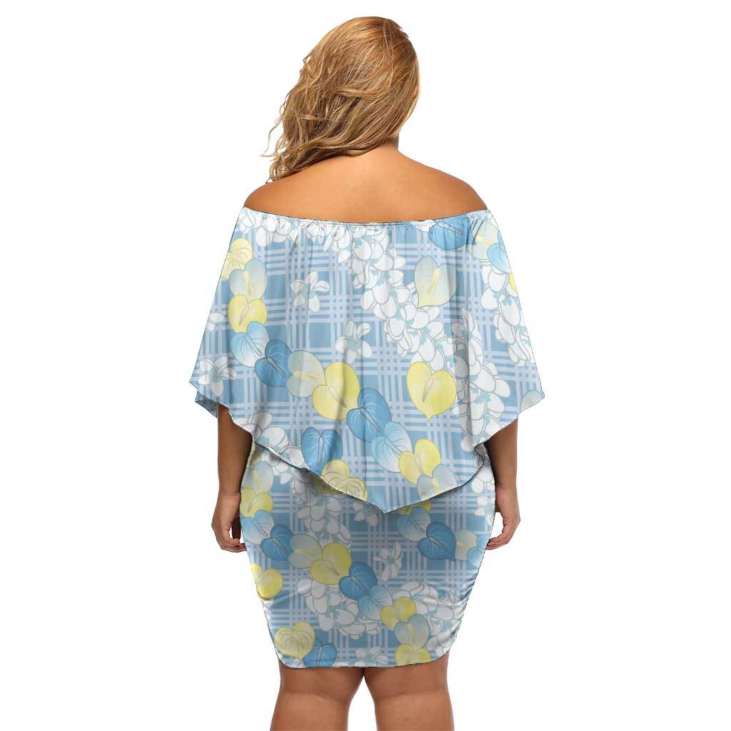 Anthurium Plumeria Lei Pastel Off Shoulder Short Dress Blue Hawaiian Splendid Palaka