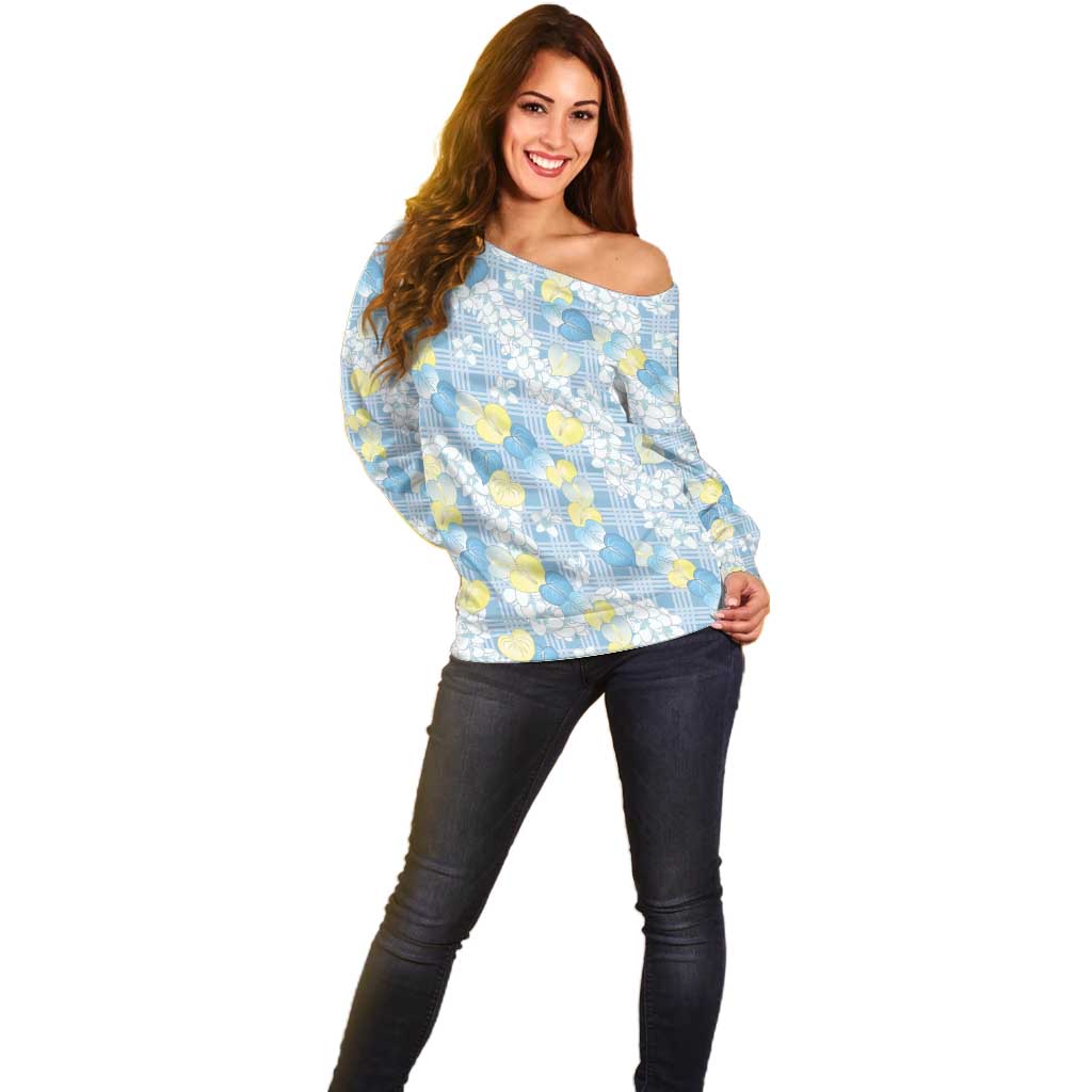 Anthurium Plumeria Lei Pastel Off Shoulder Sweater Blue Hawaiian Splendid Palaka LT01 - Polynesian Pride